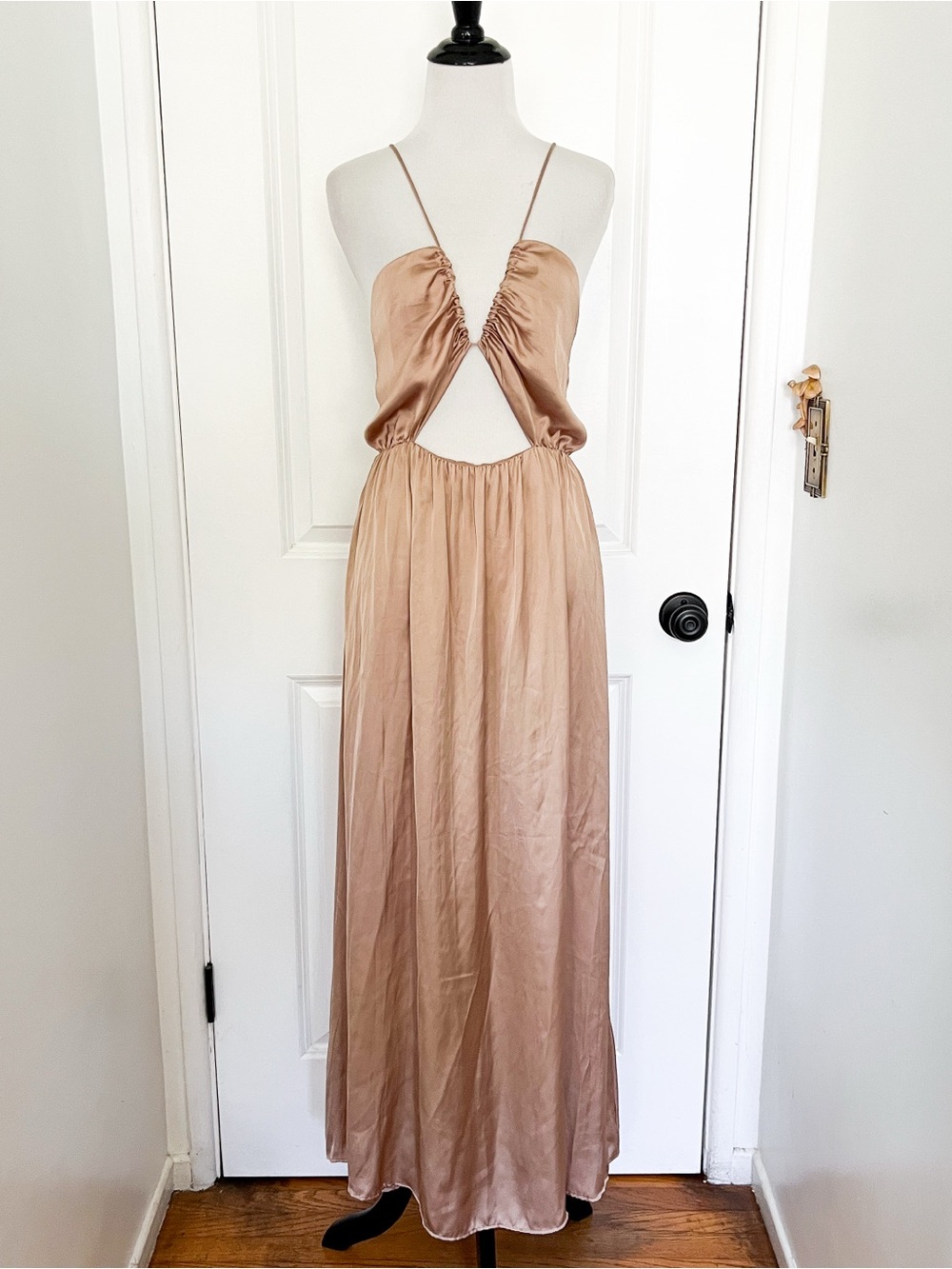 Zara Tan Backless Satin Maxi Dress with Cutout - Small